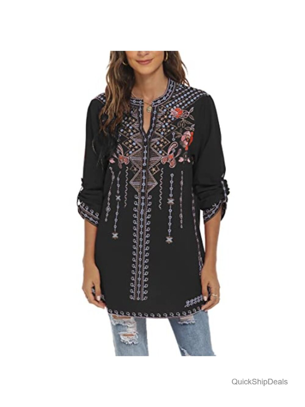 Women's Embroidered Peasant Tunic Top V-Neck Cotton-Rayon Boho Blouse